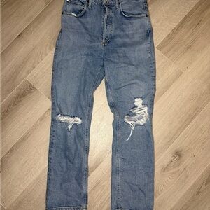 AGOLDE Womens 27 High Rise Straight Leg Jeans Distressed Button Fly